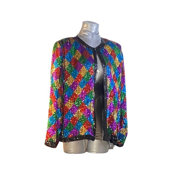 Vintage Royal Feelings Rainbow Sequin Jacket 100% Silk XL - Picture 1 of 5